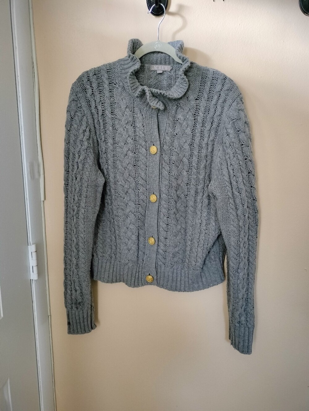 J. Crew Cable-Knit Ruffle Neck Cardigan Sweater XL Gray Lambs Wool Blend Office